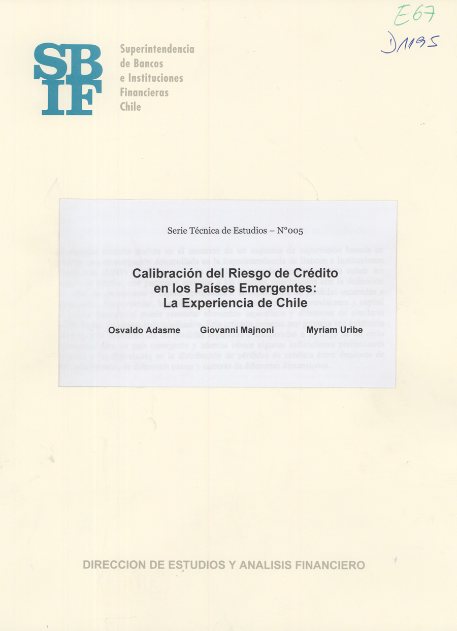 Imagen de la cubierta de Calibraci&oacute;n del riesgo de cr&eacute;dito en los pa&iacute;ses emergentes: la experiencia de Chile.