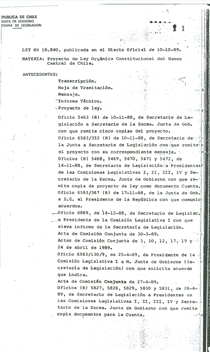 Imagen de la cubierta de Historia de la ley. Ley N&deg; 18.840 Proyecto de Ley Org&aacute;nica Constitucional del Banco Central de Chile